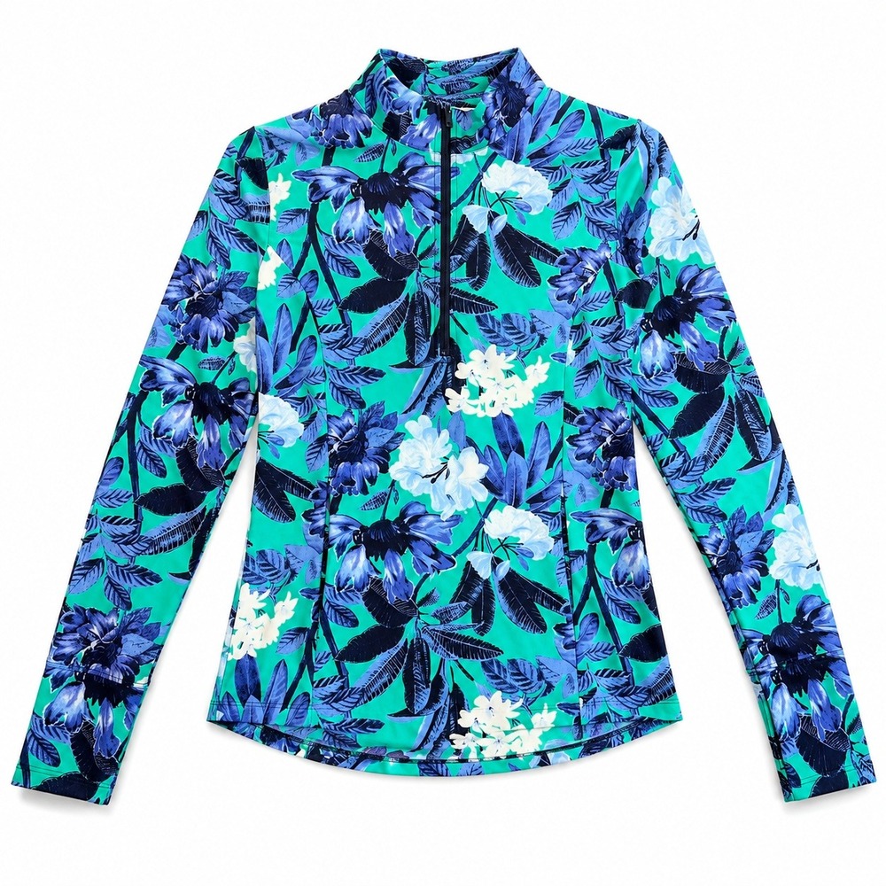 Tommy Bahama ACTIVE Womens XS Floral Rash Guard Teal Blue Long Sleeve Swim Top